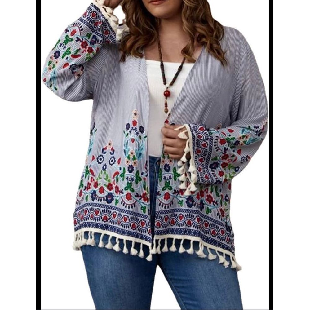 KVIS Womens Bohemian Print Cardigan‎ Fringed Striped Multicolor Long Sleeve